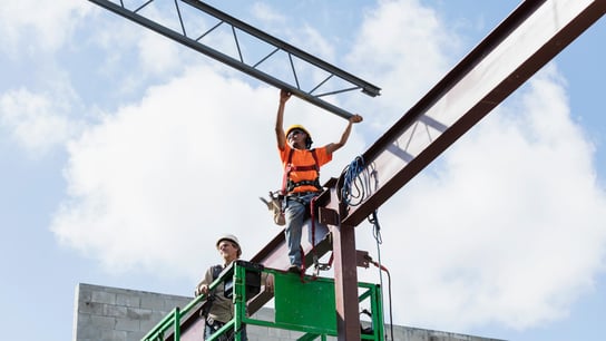 Multiple construction workers with structures.
