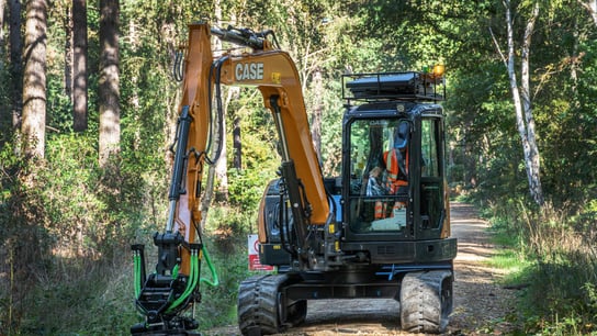 A compact excavator with a grading attachment works on a forest trail, surrounded by tall trees and dense greenery.