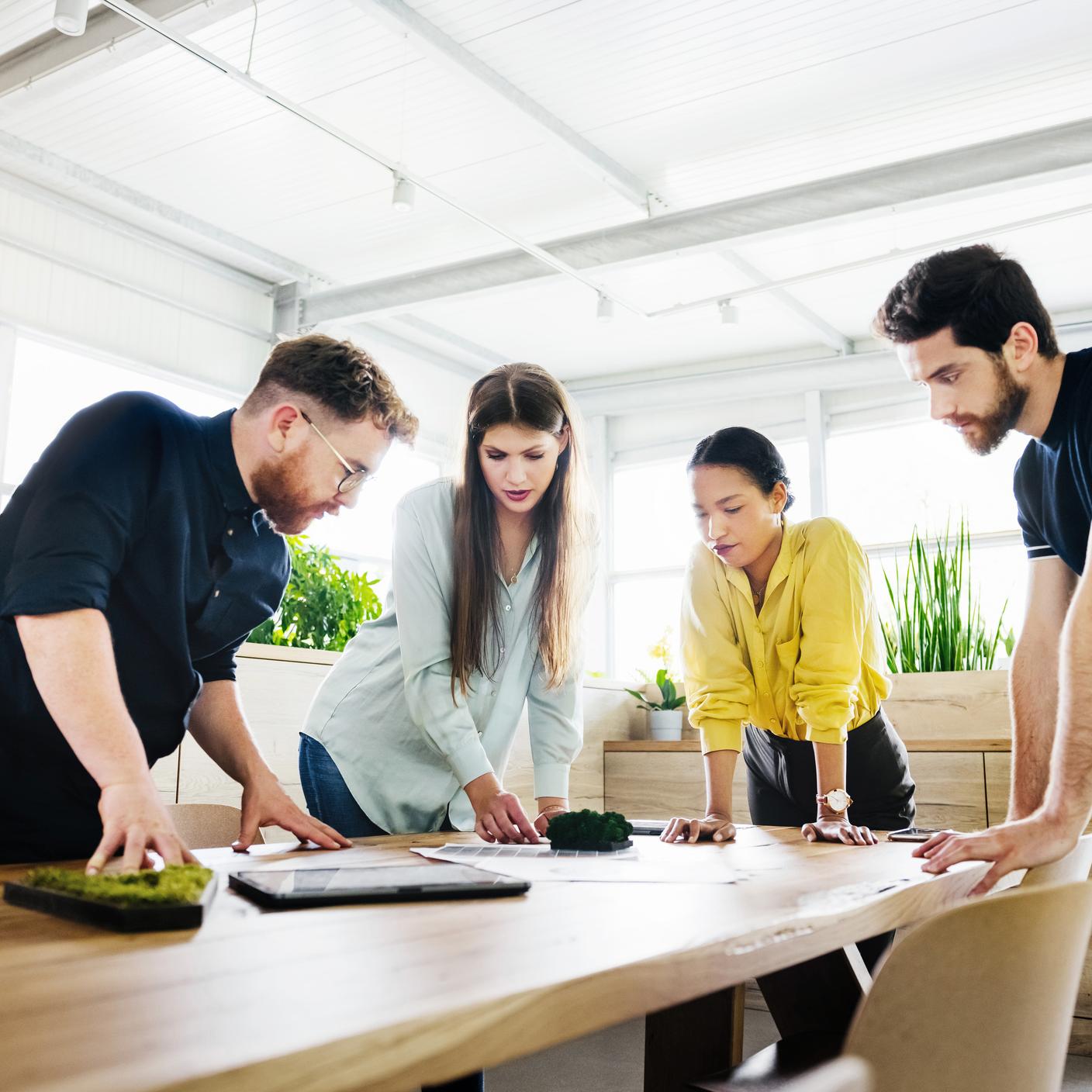 A group of office employees huddling over some documents on a desk while consulting with each other during a business meeting
