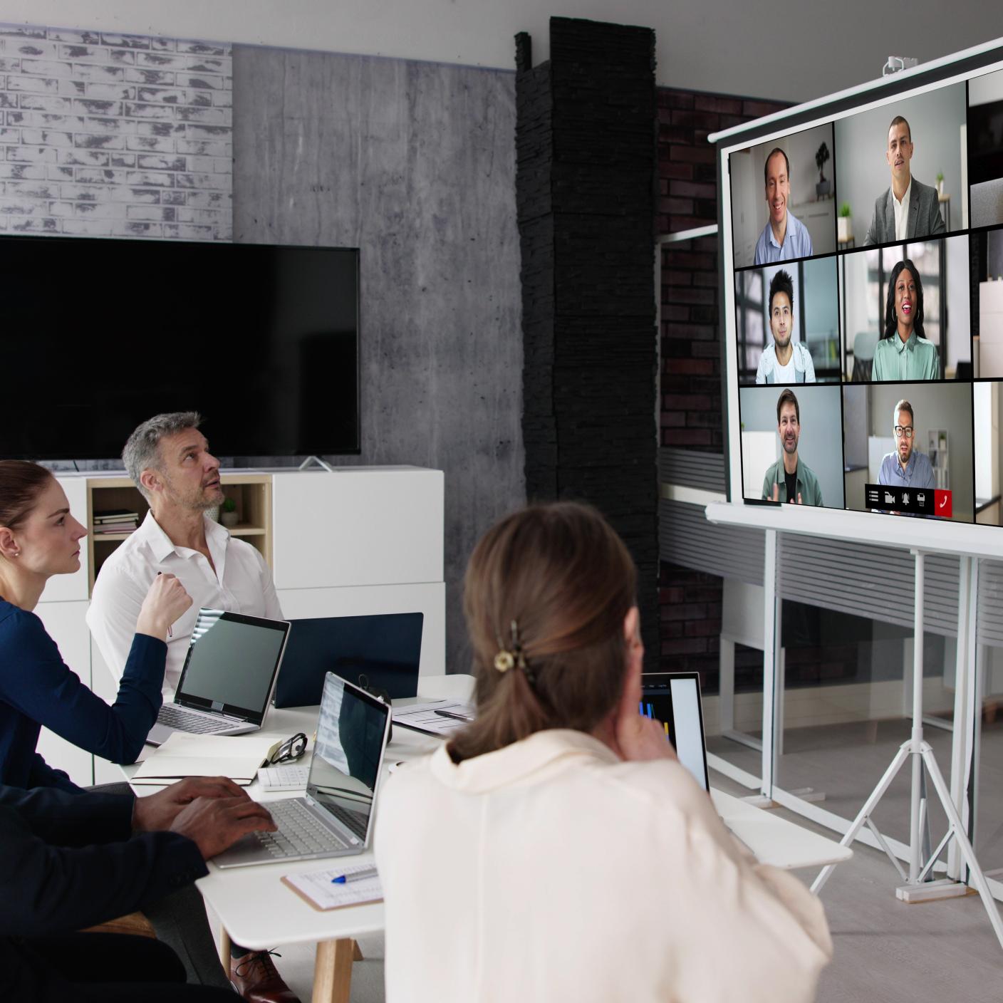 Business Video Conference Online Meeting In Office Room.