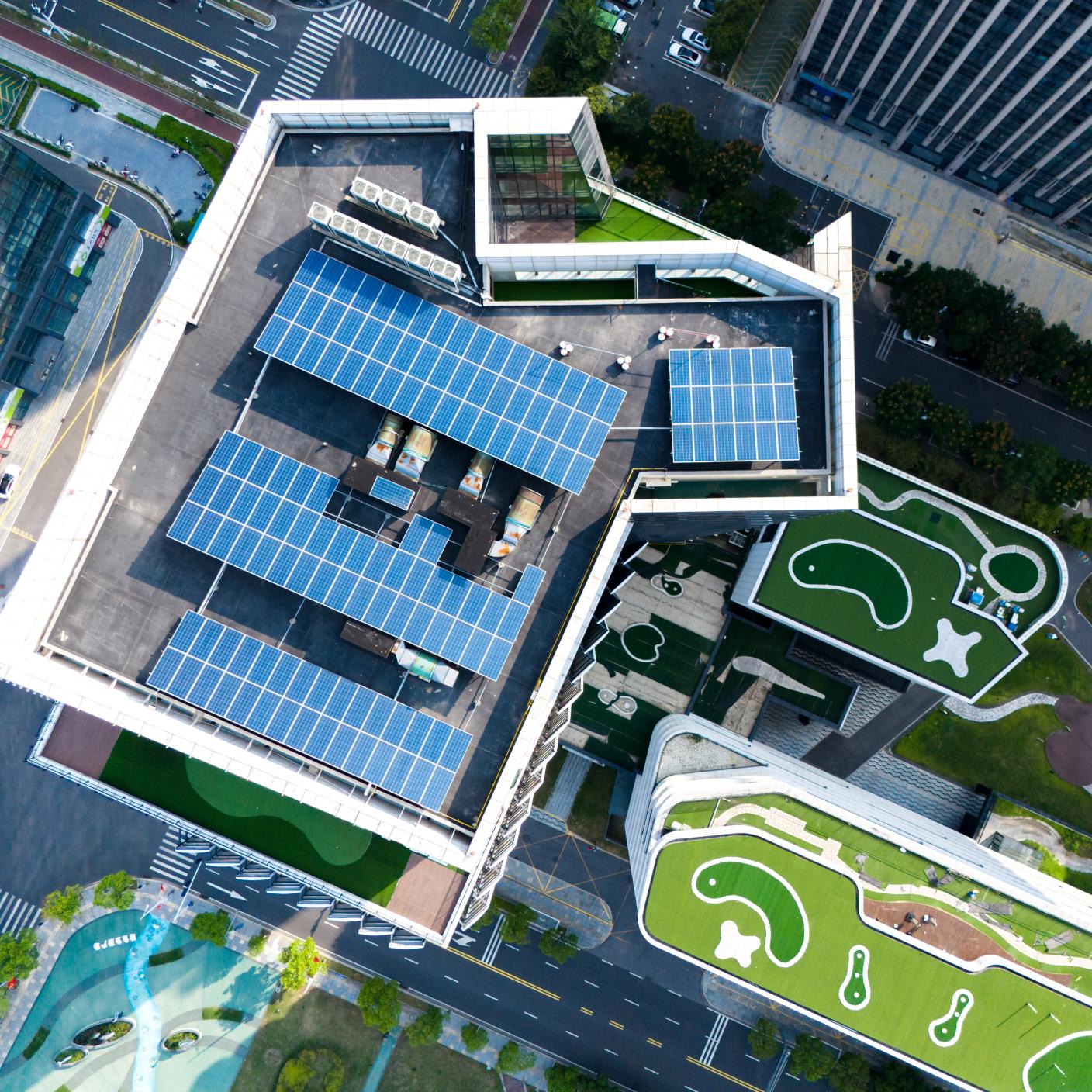 Sustainable green rooftop architecture in eco-friendly modern urban cityscape