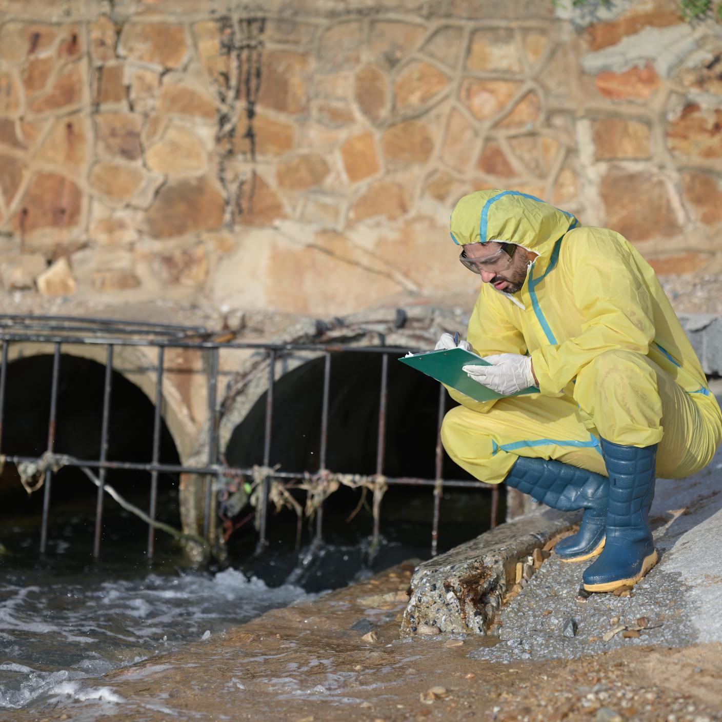 Environmental scientists wearing protective hazmat suits collecting water samples and recording field data along a shoreline near an industrial discharge outlet. Researchers conducting environmental monitoring, water quality assessment, pollution investigation, and ecological risk evaluation to ensure regulatory compliance and environmental protection. Environmental science, contamination analysis, and field research