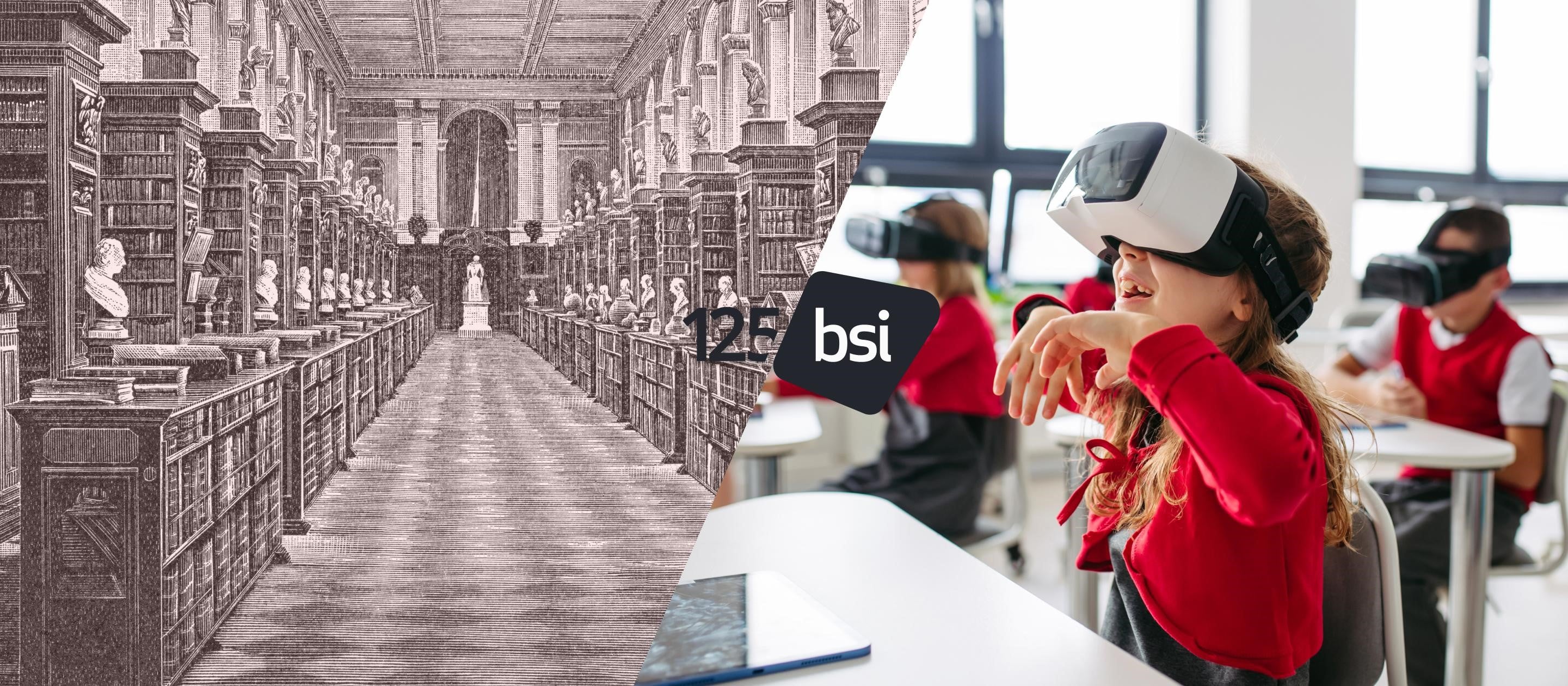 A cross section image showing a library on the left, and children in a classroom wearing VR headsets